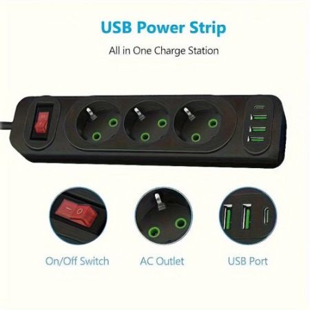 Riff F23U 2м Сетевой удлинитель с 3 Гнездами + 3 USB + 1 USB-C и Кнопкой Power On/Off Black (RF-F23U)