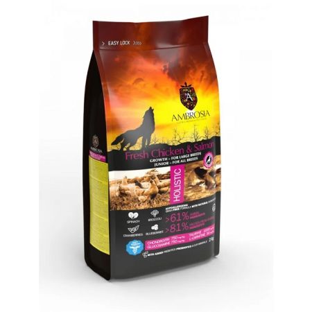 Ambrosia Беззерновой сухой корм для щенков с курицей и лососем Grain Free Growth for Large Breeds Puppy and Junior Fresh Chicken & Salmon 2kg (5214000583660)