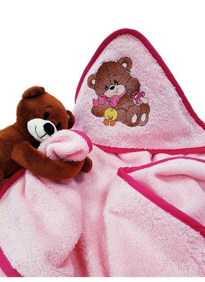 ДЕТСКОЕ ПОЛОТЕНЦЕ С КАПЮШОНОМ МИШКА PINK