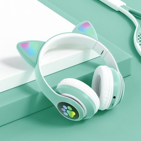 Беспроводные наушники Bluetooth Котик бирюзовые (PZS7D)