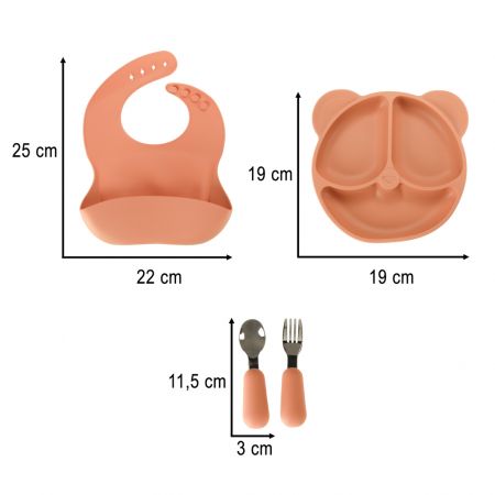 Silikona komplekts no 4 el. priekšauts, šķīvis, karote, dakša (4001) oranža