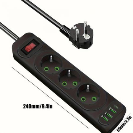 Riff F23U 2м Сетевой удлинитель с 3 Гнездами + 3 USB + 1 USB-C и Кнопкой Power On/Off Black (RF-F23U)