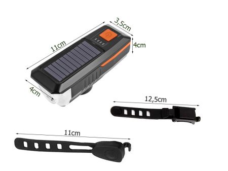 Velosipēda priekšējais lukturis melns CREE T6 USB / saules baterija + skaņas signāls (P14491)