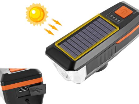 Velosipēda priekšējais lukturis melns CREE T6 USB / saules baterija + skaņas signāls (P14491)