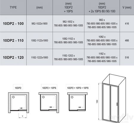 Душевые двери 10DP2, 1100 mm, h=1900 mm, Ravak, прозрачное стекло