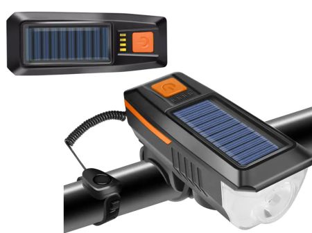 Velosipēda priekšējais lukturis melns CREE T6 USB / saules baterija + skaņas signāls (P14491)