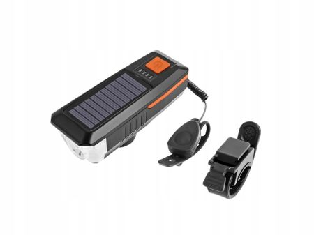 Velosipēda priekšējais lukturis melns CREE T6 USB / saules baterija + skaņas signāls (P14491)