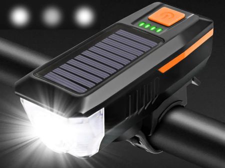 Velosipēda priekšējais lukturis melns CREE T6 USB / saules baterija + skaņas signāls (P14491)