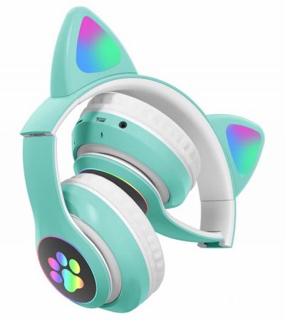 Беспроводные наушники Bluetooth Котик бирюзовые (PZS7D)