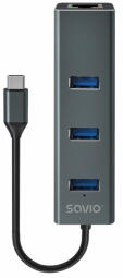 USB Centrmezgls Savio 3-port USB-C 3.1 GEN 1 hub with RJ-45 Gigabit Ethernet (AK-57)