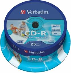 Matricas CD-R AZO Verbatim 700MB 1x-52x Wide Printable, ID Bran,25 Pack Spindle (43439V)