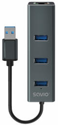 USB Centrmezgls Savio 3-port USB-A 3.1 Gen 1 Hub with RJ-45 Gigabit Ethernet (AK-58)