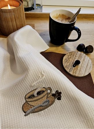 Комплект кухонных вафельных полотенец с вышивкой COFFEE белое/коричневое
