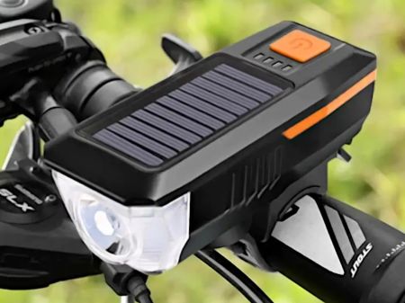 Velosipēda priekšējais lukturis melns CREE T6 USB / saules baterija + skaņas signāls (P14491)