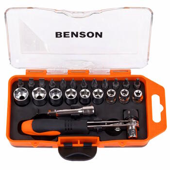 Benson Tools Bit/Doppenset+Ratel компактный набор инструментов бит и торцевых головок с трещоткой (23 предмета) CR-V (008603)
