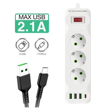 Riff F23U 2м Сетевой удлинитель с 3 Гнездами + 3 USB + 1 USB-C и Кнопкой Power On/Off Black (RF-F23U)
