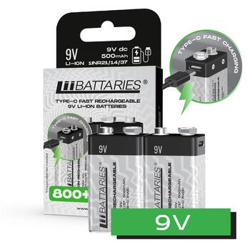 Liibattaries Мощные аккумуляторные батареи Lithium-Ion с USB-C 6F22 6LR61 MN1604 «Крона» 9V 500mAh 9V (2pcs) (LIB510781)