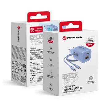 Forcell VT-41 F-Energy GaN III lādētājs USB-C+USB-A QC4.0 PD 33W+kabelis USB-C - USB-C Blue (VT-41/BL)