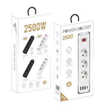 Riff F23U 2м Сетевой удлинитель с 3 Гнездами + 3 USB + 1 USB-C и Кнопкой Power On/Off Black (RF-F23U)