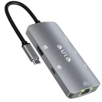 Aula UC-910 6in1 Hub adapteris USB-C uz Hdmi 4K 30Hz / 2x USB 2.0 / USB 3.0 / PD uzlāde / RJ45 Internet (OT-UC-910)