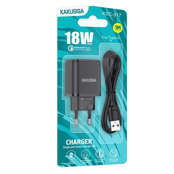 iKaku KSC-917 QC3.0 18W smart зарядное устройство с одним портом USB и кабелем Type-C Black (KSC-917/BK)