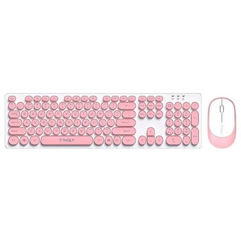 T-Wolf TF770 Retro Punk PC 2.4Ghz Беспроводная Клавиатура (EN) Тихие кнопки + Мышка комплект Розовый & Белый (TF770-L.ROSE)