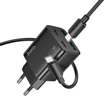 Hoco N56 Зарядное устройство 2 разъема USB-C + 2 разъема USB-A / QC3.0 PD 3A 30 Вт + кабель USB-C -USB-C Black (N56)