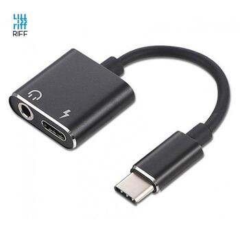 Riff Analogā Audio Adapteris - Pāreja Type-C uz Type-C (ligzda uzlādei) + austiņas 3,5 mm (ligzda) Black (RF-CON-TYPEC-3.5MM)