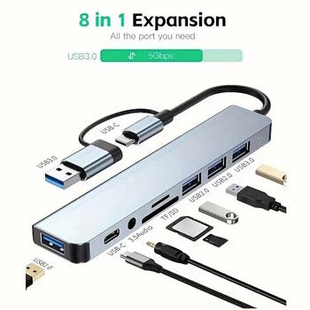 Riff VSZAPOWER 8-in-1 universāls alumīnija 8 portu USB C tipa centrmezgls - komplektā ietilpst USB 3.0, 3 USB 2.0 porti, Micro SD/TF karšu lasītājs, audio/mikrofona ligzda Sudrabs (PS-M-VSZAPOWER-8-1)