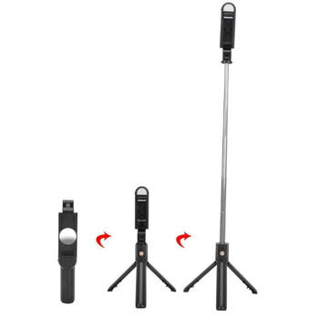 Riff K10-S Universāla bezvadu selfi - nūja (pagar. līdz 70 cm) ar statīvu / spoguli / LED apgaismojumu / slēdža pogu Melna (RF-K10-S-BL)