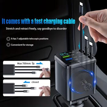 Riff M14 7in1 daudzfunkcionāls automašīnas lādētājs x2 USB / x2 Type-C ar iebūvētiem kabeļiem x2 Type-C / x1 Lightning (RF-M14)