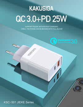 iKaku KSC-501 2в1 Разъем PD QC3.0 Type-C 25Вт Зарядное Устройство USB White (KSC-501)