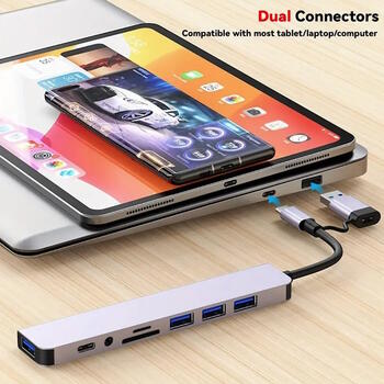 Riff VSZAPOWER 8-in-1 universāls alumīnija 8 portu USB C tipa centrmezgls - komplektā ietilpst USB 3.0, 3 USB 2.0 porti, Micro SD/TF karšu lasītājs, audio/mikrofona ligzda Sudrabs (PS-M-VSZAPOWER-8-1)