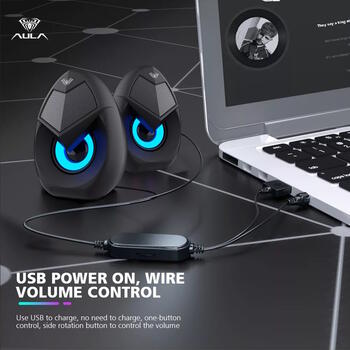 Aula N-69 Стильные Компактные Стерео колонки для ПК/ Портативного ПК 2.0 10W 3.5mm + USB RGB + Пульт Черные (N-69)