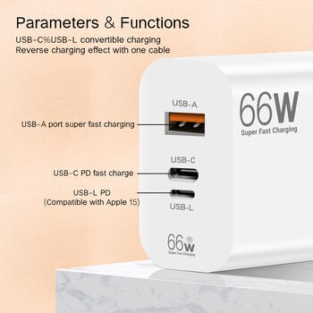 Riff 66W īpaši ātrs lādētājs ar 1x USB portu / x2 USB-C un USB-L Black (RF-66W)