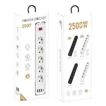 Riff F25U 2м Сетевой удлинитель с 5 Гнездами + 3 USB + 1 USB-C и Кнопкой Power On/Off Black (RF-F25U)