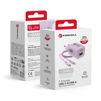 Forcell VT-41 F-Energy GaN III Зарядное устройство USB-C + USB-A QC4.0 PD 33 Вт + кабель USB-C - USB-C Purple (VT-41/PU)