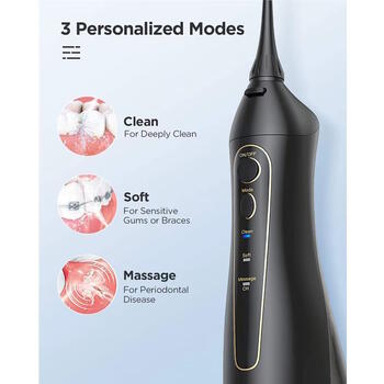 Riff RF-FW1 bezvadu IPX7 irigators ar 3 režīmiem / 7 uzgaļiem / 1400mAh / 5W / 300ml ūdens tvertnei Black (RF-FW1-BK)