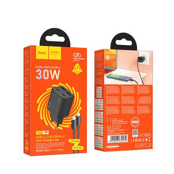 Hoco N56 Зарядное устройство 2 разъема USB-C + 2 разъема USB-A / QC3.0 PD 3A 30 Вт + кабель USB-C -USB-C Black (N56)