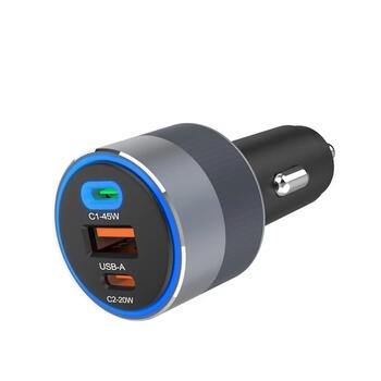 Forcell F-Energy Alu automašīnas lādētājs 2 x USB-C + USB-A QC4.0 PD SFC2.0 4,5 A 65W (FO-ALU-65W)