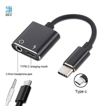 Riff Analogā Audio Adapteris - Pāreja Type-C uz Type-C (ligzda uzlādei) + austiņas 3,5 mm (ligzda) Black (RF-CON-TYPEC-3.5MM)