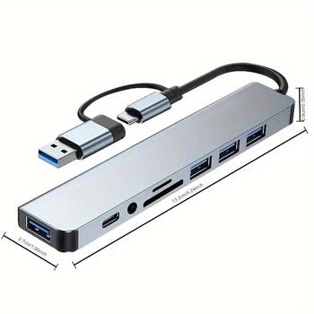 Riff VSZAPOWER 8-in-1 universāls alumīnija 8 portu USB C tipa centrmezgls - komplektā ietilpst USB 3.0, 3 USB 2.0 porti, Micro SD/TF karšu lasītājs, audio/mikrofona ligzda Sudrabs (PS-M-VSZAPOWER-8-1)