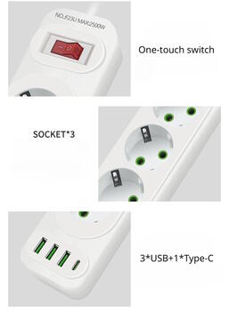 Riff F23U 2м Сетевой удлинитель с 3 Гнездами + 3 USB + 1 USB-C и Кнопкой Power On/Off Black (RF-F23U)