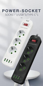 Riff F23U 2м Сетевой удлинитель с 3 Гнездами + 3 USB + 1 USB-C и Кнопкой Power On/Off Black (RF-F23U)