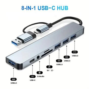 Riff VSZAPOWER 8-in-1 universāls alumīnija 8 portu USB C tipa centrmezgls - komplektā ietilpst USB 3.0, 3 USB 2.0 porti, Micro SD/TF karšu lasītājs, audio/mikrofona ligzda Sudrabs (PS-M-VSZAPOWER-8-1)