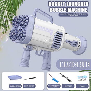 Riff Bazooka пистолет мыльных пузырей c держателем бутылки и 64 выстрелами для помещении и вечеринок и игр на открытом воздухе Синий (RF-456-11A-BLUE)