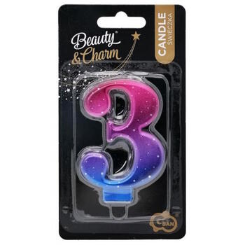 GoDan Night sky Metallic Свеча на торт Цифра 3 (8cm) Pink/Blue/Violet Ombre (MLG174632)