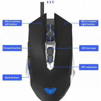 Aula S50 Multi-krāsu apgaismojuma Spēļu Optiskā pele a vadu/ 7 pogas/800-4800dpi/ ar ergonomisku formu/ Melna (S50)