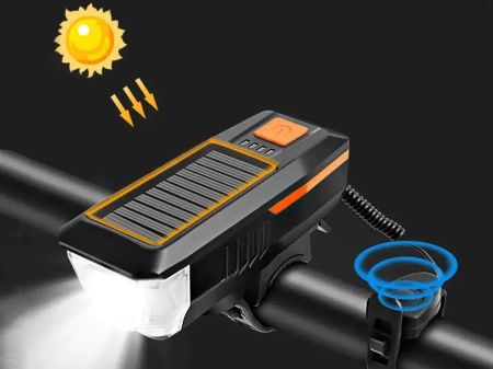 Velosipēda priekšējais lukturis melns CREE T6 USB / saules baterija + skaņas signāls (P14491)