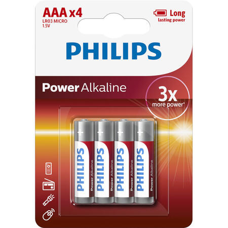 Щелочные батарейки PHILIPS alkaline LR03 (AAA), 4 шт./блистер, 009000311 (009000311)